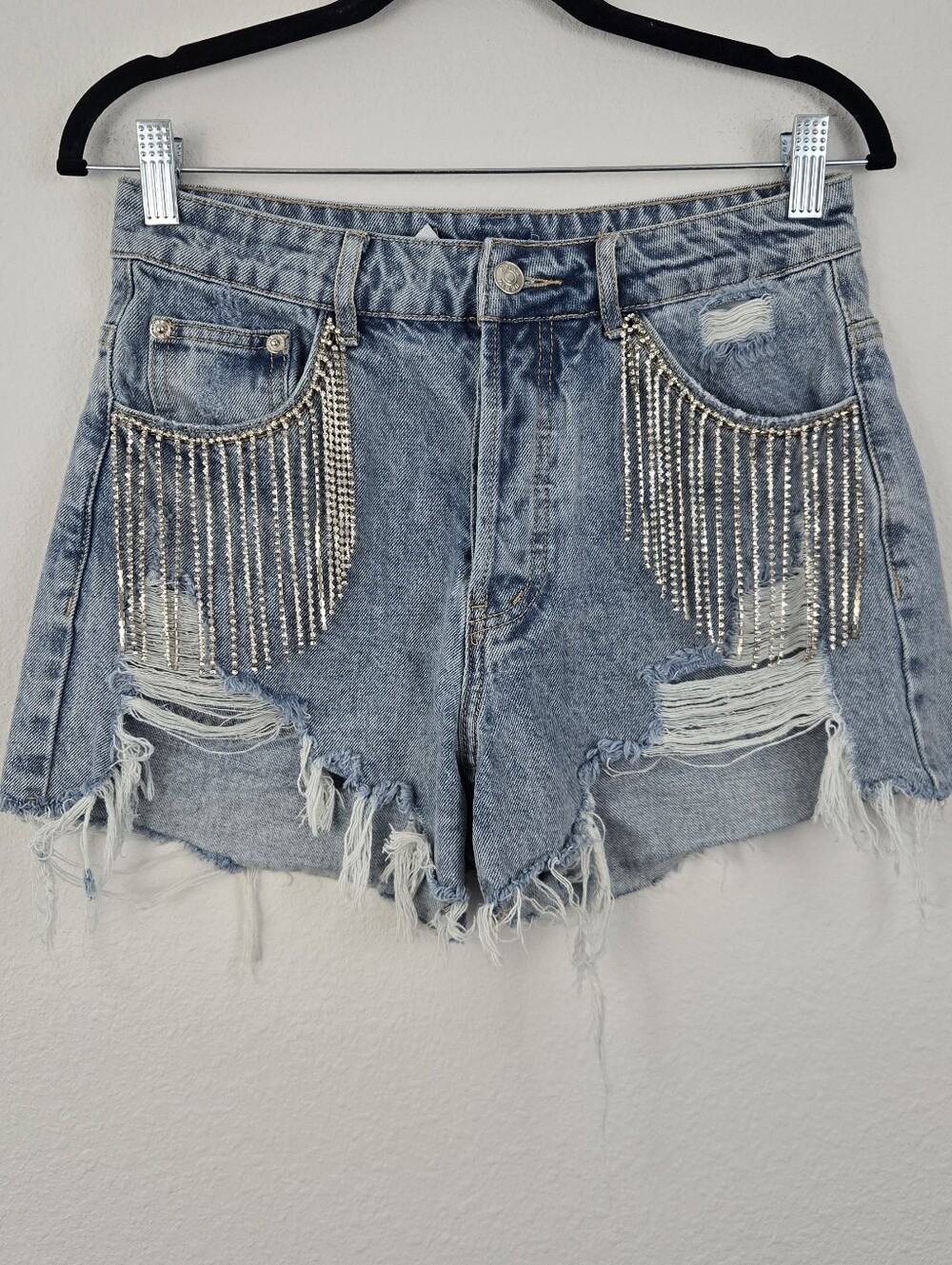 Adika Button Down Fly Rhinestone Fringe Denim Shorts